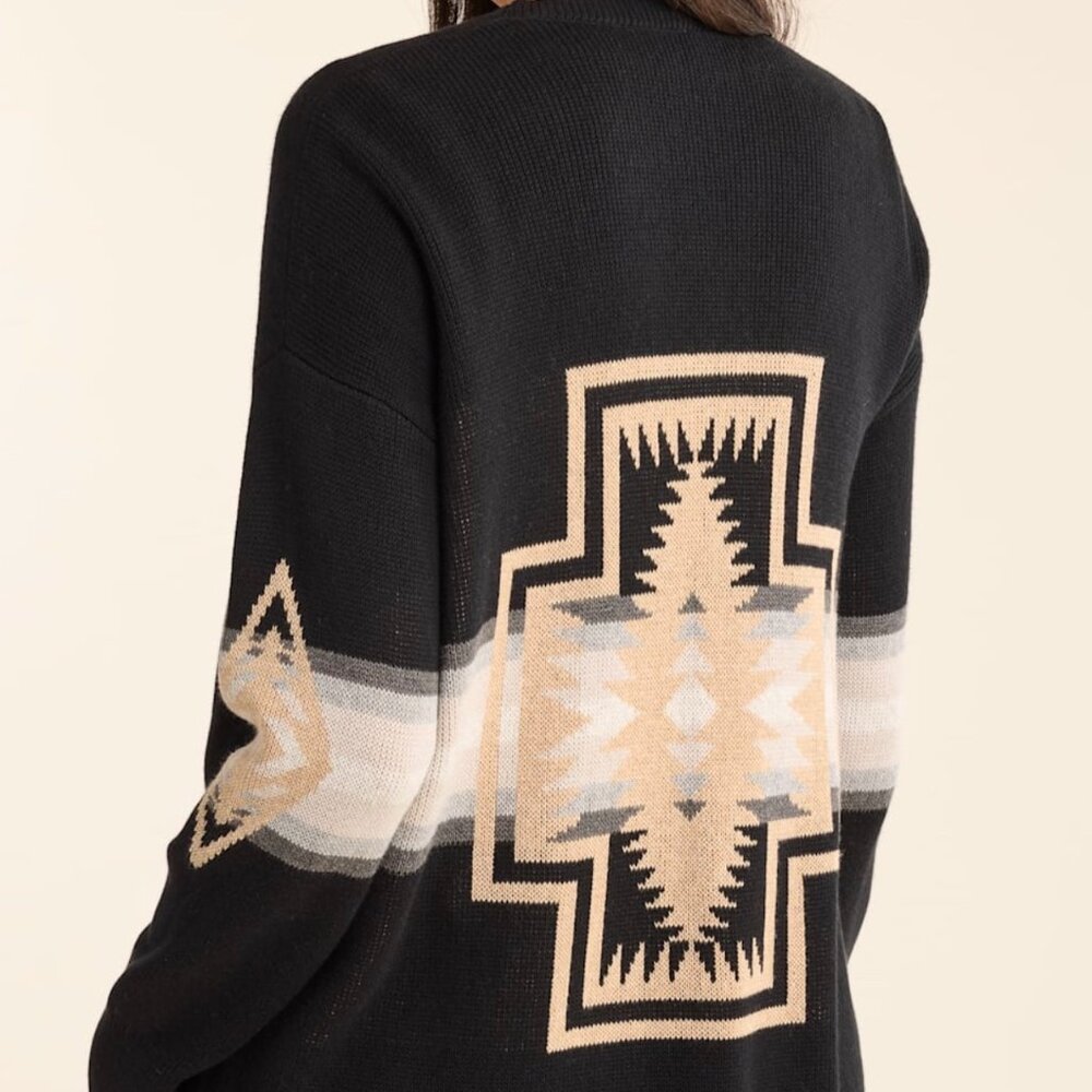 Pendleton Black Sweater Cardigan with Tan and Cream Geometric Panel - Picture 7 of 10